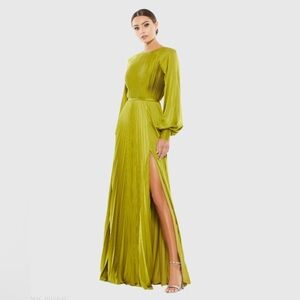 Green Pleated High Neck Long Sleeve Gown with Slit